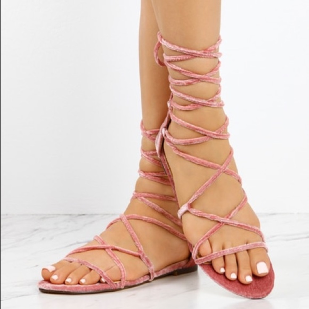 Pink Velvet Tie Up Sandals